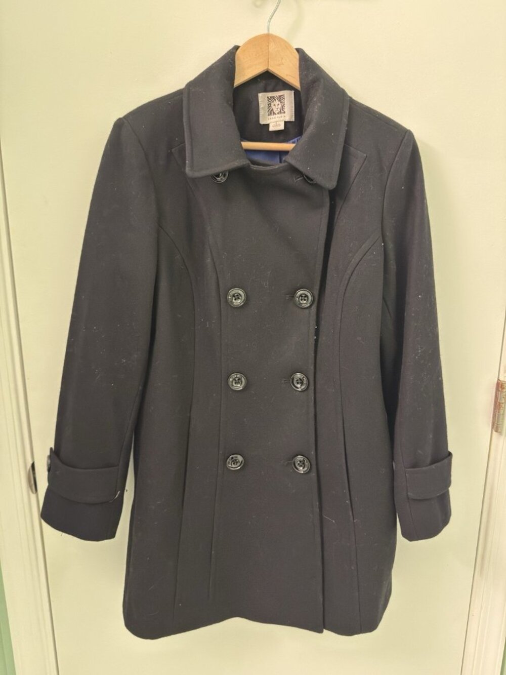 Anne Klein Women’s Wool Peacoat Black L Double Breasted 60% Wool - Picture 2 of 7